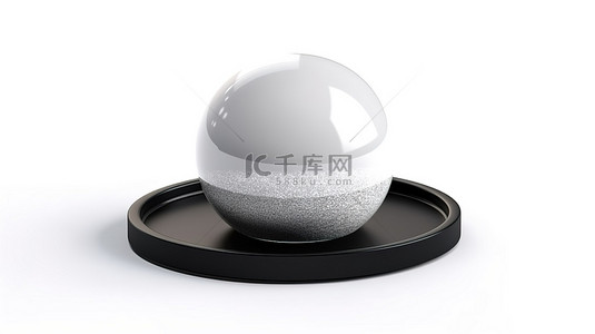 白色背景展示了一个 3D 渲染的雪球，没有雪，搭配黑色托盘