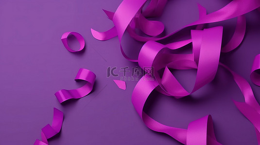 使用空白横幅上的 3D 渲染销售丝带创建引人注目的促销活动，用于折扣标签和紫色生日标语牌
