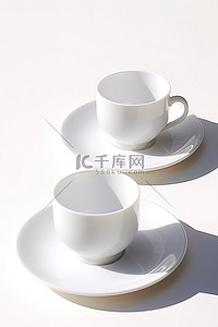 白色的杯子和碟子躺在白色的表面上