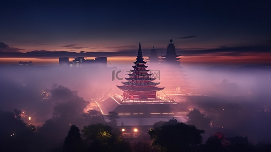寺庙平面背景图片_黄昏 3d 渲染佛塔群笼罩在雾中