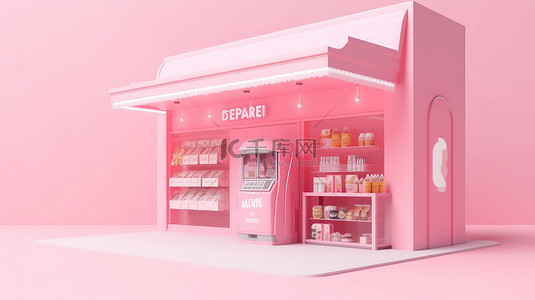 浅粉色背景下的 3D 小型便利店