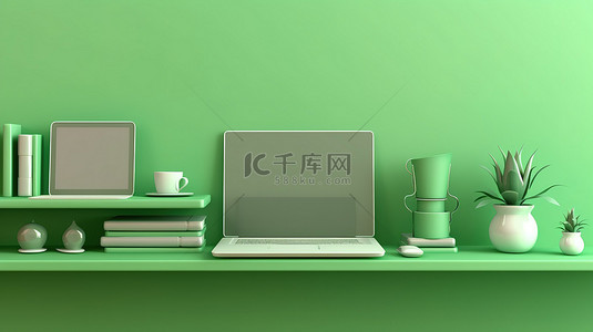 手机绿色背景背景图片_绿色墙架上的科技三重奏笔记本电脑手机和数字平板电脑 3D 插图