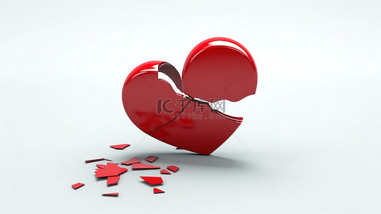 无爱的图标，白色背景下破碎的红心的 3D 渲染