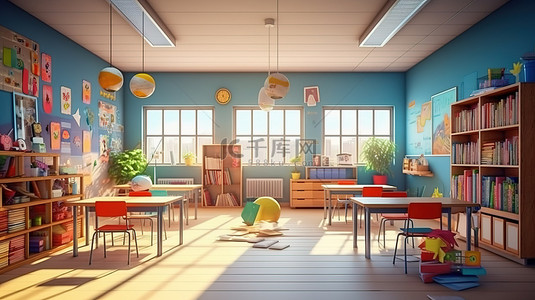 学校的教室背景图片_准备返回学校的教室内部的 3D 插图