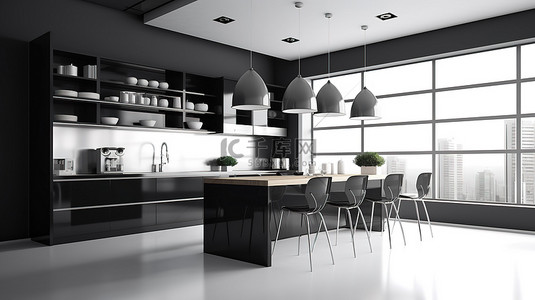 现代厨房的 3D 渲染，配有黑白瓷砖和卡布奇诺彩色家具