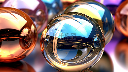 闪烁的球体和光泽的环是抽象艺术的 3D 再现