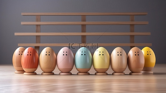 快乐的复活节创意 3D 渲染的木蛋在其他鸡蛋中脱颖而出