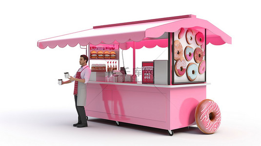 白色背景下粉色甜甜圈店供应商的卡通风格 3D 渲染