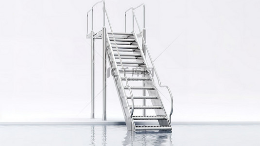 白色背景与 3D 渲染的铬游泳池梯子