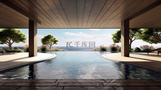 令人惊叹的海景 3D 渲染泳池凉亭，俯瞰无边界游泳池和海洋