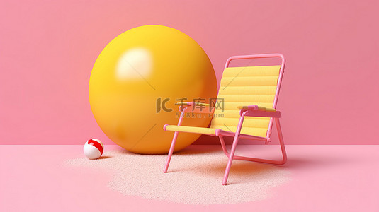 夏季主题的 3D 插图，展示了充满活力的黄色背景上的粉色沙滩椅浮子和球