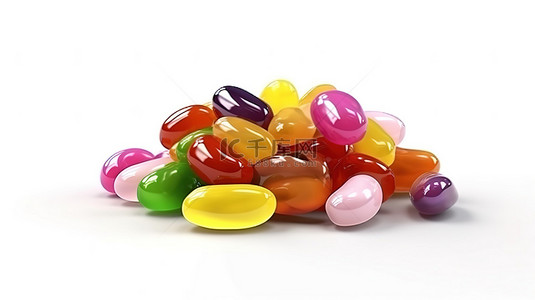糖果豆背景图片_一堆美味的软心豆粒糖，在白色背景上隔离的彩色圆形 3D 插图中