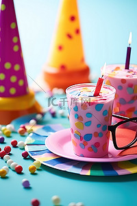 蛋糕生日蜡烛背景图片_生日眼镜蛋糕蜡烛和帽子坐在桌子上