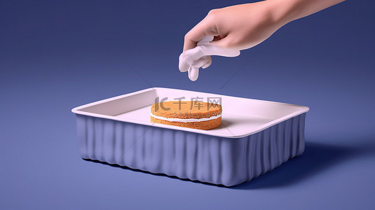 美味手背景图片_3D 插图显示打开的礼物盒盖，上面有美味的食物托盘和 Facebook 社交媒体上的手