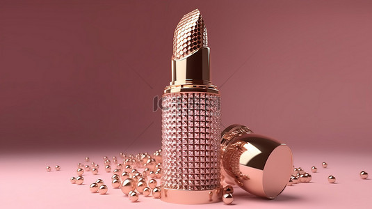 奢侈品店铺背景图片_带有 3d 渲染的金色唇膏和闪闪发光的钻石的粉红色展示模型