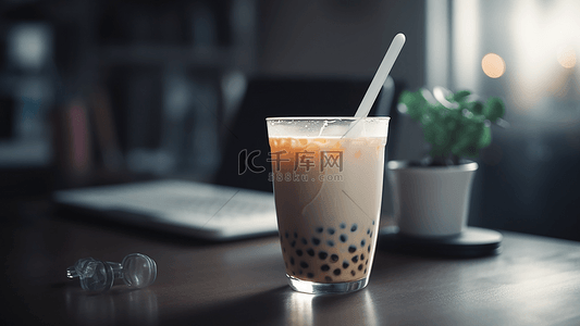 柜子背景图背景图片_奶茶放在桌子上的珍珠奶茶盆栽背景