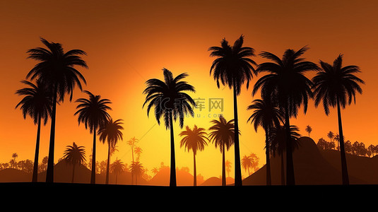 天空傍晚背景背景图片_傍晚日落的 3D 渲染与异国情调的棕榈树的轮廓