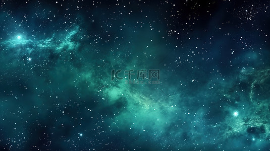 黑色夜晚背景图片_银河和天体宇宙水平横幅 3D 插图星夜天空和辐射蓝绿色星系