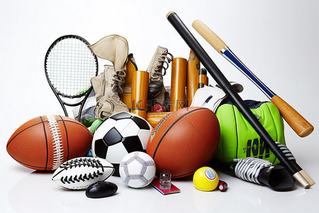 棒球运动背景图片_白色背景上的各种运动器材和工具