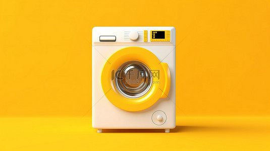 3D 渲染的洗衣机在充满活力的黄色背景上完美适合社交媒体横幅和促销