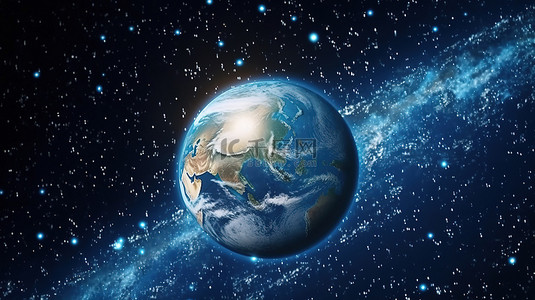 星空真实背景图片_太空中的真实地球地球在遥远恒星背景中旋转和漂移的 3D 插图