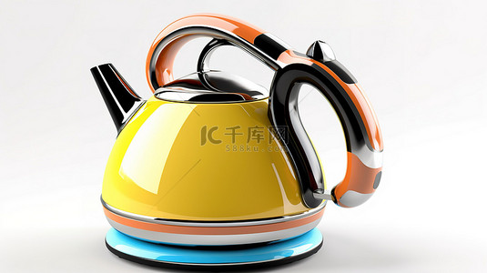 茶咖啡壶背景图片_白色背景上 3D 时尚多彩的当代茶壶或电热水壶