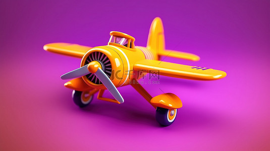 充满活力的紫色背景上的玩具橙色螺旋桨飞机的 3d 渲染非常适合游乐场