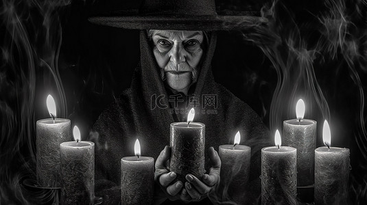 邪恶的女巫手中握着蜡烛，带有黑白 3D 故障虚拟现实扭曲