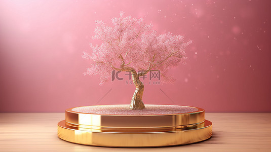 粉色和金色讲台舞台的 3D 渲染，金色树背景非常适合产品植入