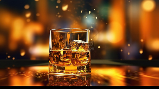 抽象散景背景与金色威士忌杯的 3D 渲染