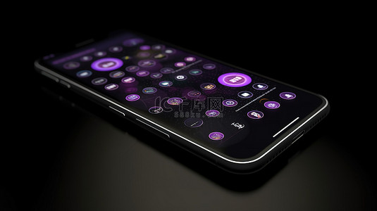 移动应用背景图片_带有紫黑色背景的移动屏幕突出显示移动应用程序的 3d 渲染按钮