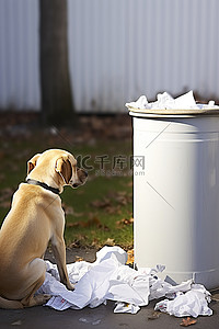 棕色的动物背景图片_一只白色和棕色的狗正在看着一个黑色的垃圾桶