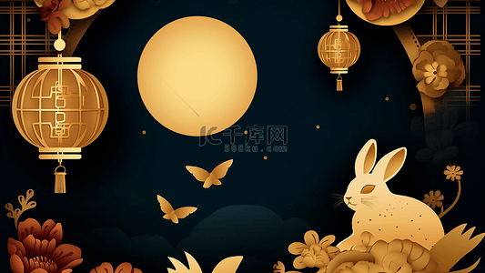 卡通黄色边框背景图片_中秋节月亮兔子蓝色美丽蝴蝶