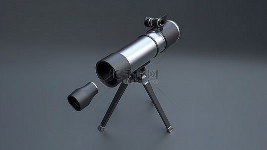3D 渲染的平面望远镜在灰色背景下投射长长的暗影