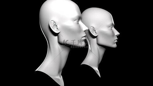 头部导航背景图片_白色孤立女性头部的 3D 插图，具有黑色背景的正面和侧面视图