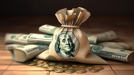 黄金png背景图片_货币的 3d 渲染一个装满纸币和硬币的钱袋