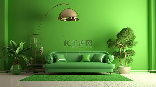 客厅的 3D 渲染，带有绿色装饰，装饰着装饰树和灯具