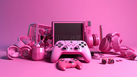 街机屏幕背景图片_3d 渲染的粉红色玩家装备