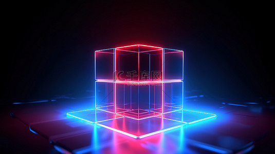 辐射霓虹灯立方体墙抽象背景与发光方形和 3D 渲染