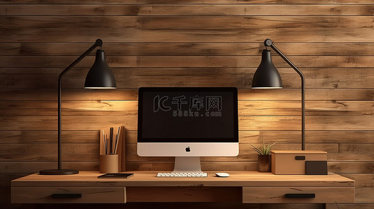 棕色桌子背景图片_时尚时尚的工作站，木桌上配有台式电脑，靠着棕色墙壁 3D 渲染
