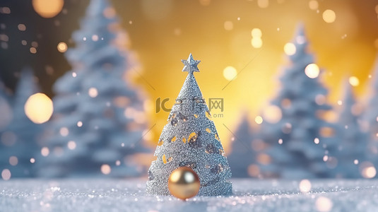 节日圣诞树与雪和散景背景上的空白空间 3D 产品蒙太奇