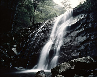 古诗瀑布背景图片_水落入树林中的一块大岩石