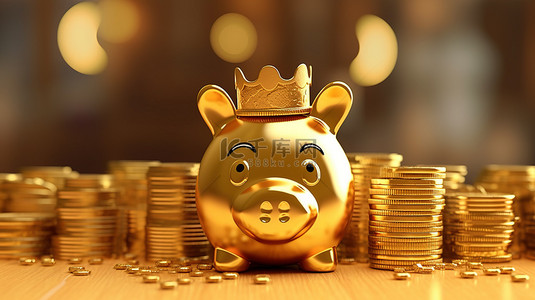 带皇冠和金币的富豪存钱罐是金融储蓄和投资的象征 3D 插图