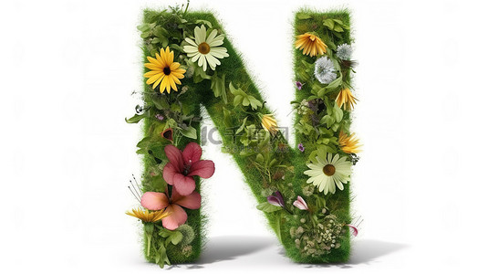 文鼎大魏碑字体背景图片_n 形由郁郁葱葱的绿色草地和盛开的花朵组成，是 3D 所示设计目的的理想字体