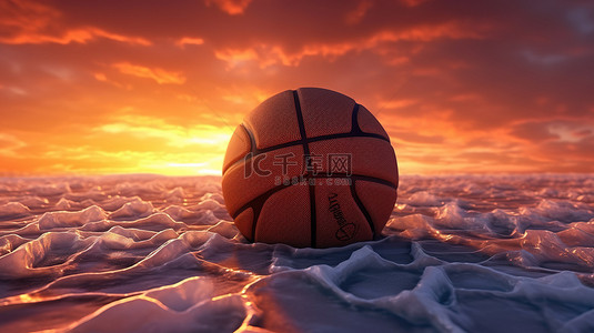 3D 渲染的橙色篮球球在胜利中冻结，风景如画的日落背景
