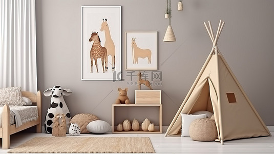 斯堪的纳维亚风格儿童卧室的 3D 渲染，带有模拟海报框架