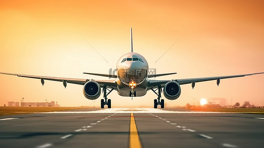 机场大巴背景图片_飞机在机场起飞或降落期间在跑道上的 3D 渲染