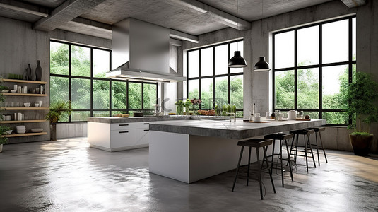优雅的厨房设计，配有引人注目的混凝土岛台别致椅子台面系列和令人惊叹的全景窗户 3D 渲染