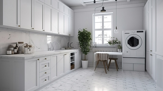 家居飾品背景图片_优雅的现代洗衣房以白色装饰，令人惊叹的 3D 渲染