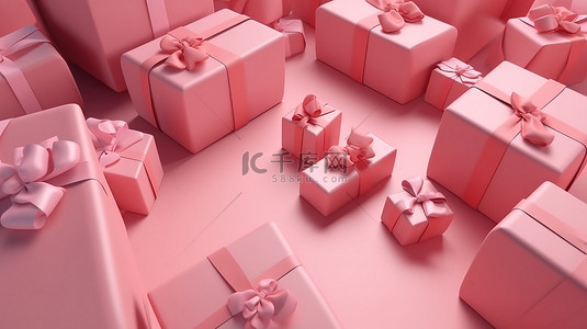 粉红色主题生日庆祝活动 3D 渲染的礼品盒顶视图，风格包裹